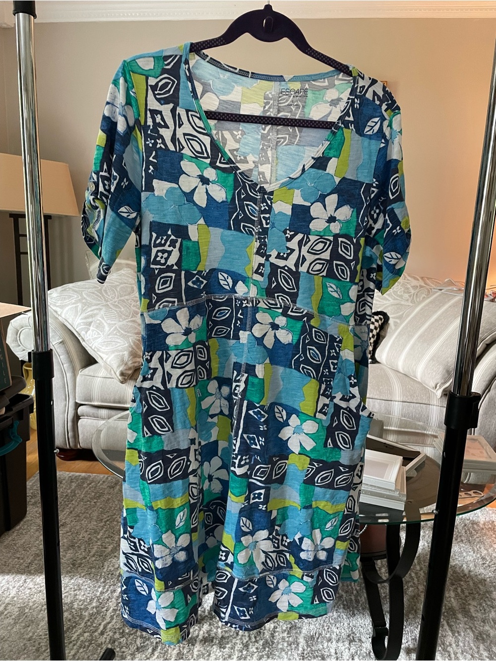 Floral Patchwork V-Neck Swim Cover-Up Tunic in Blue